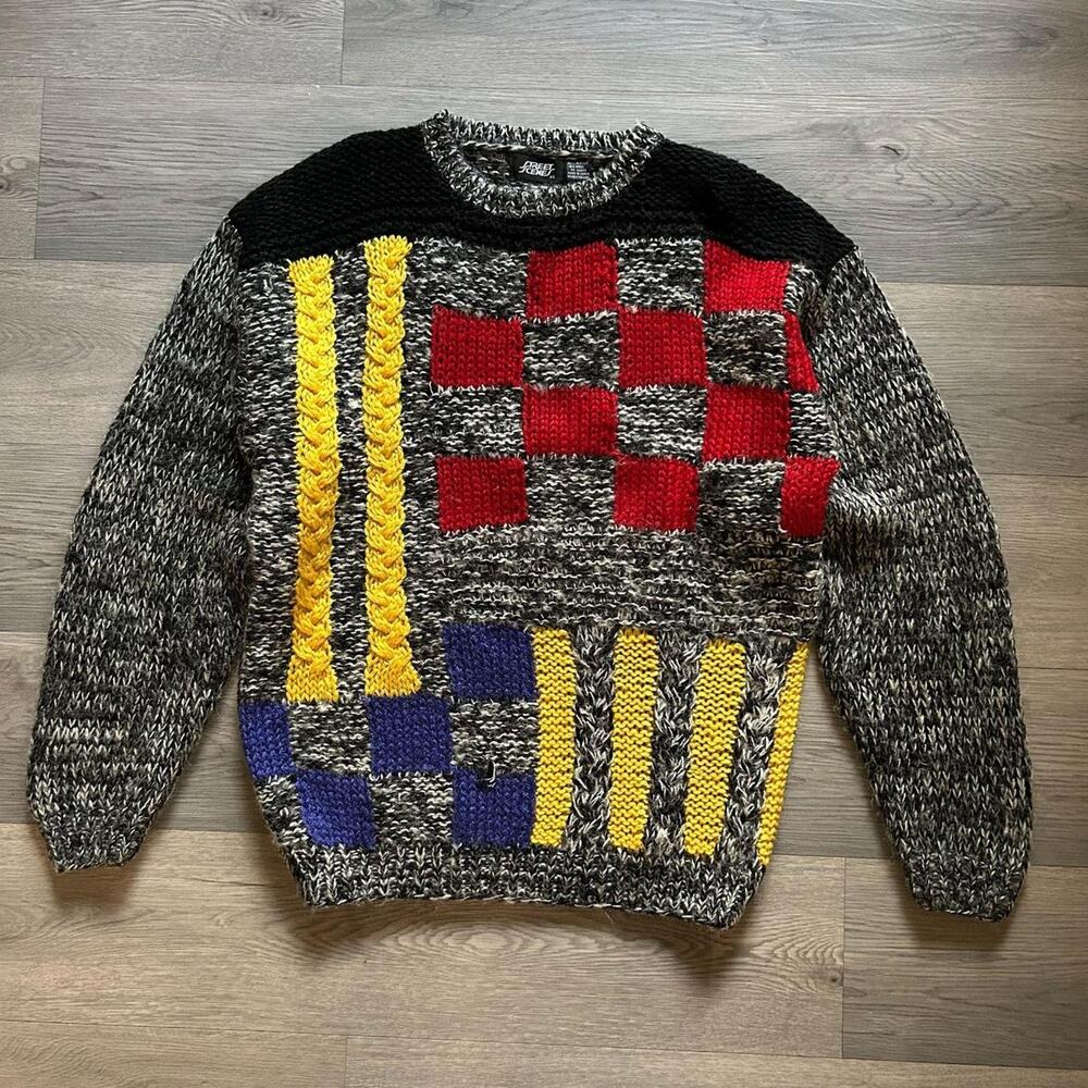 Vintage 90s Street Scene Geometric Color Block Chunky Knit Sweater, Size XL